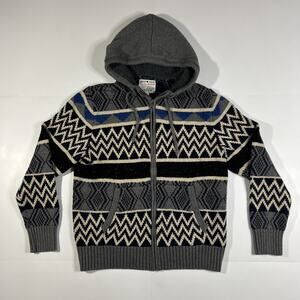 Lucky Brand Sierra Sherpa Knit Hoodie Sherpa Lined Hood Gray Tan Print Sz L